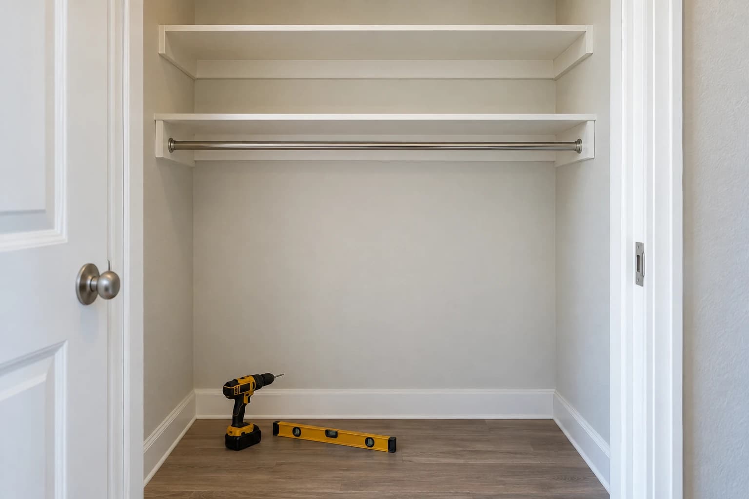New painted wood shelving and a hanging rod in a reach-in closet, with a cordless drill and a level resting on the closet floor
