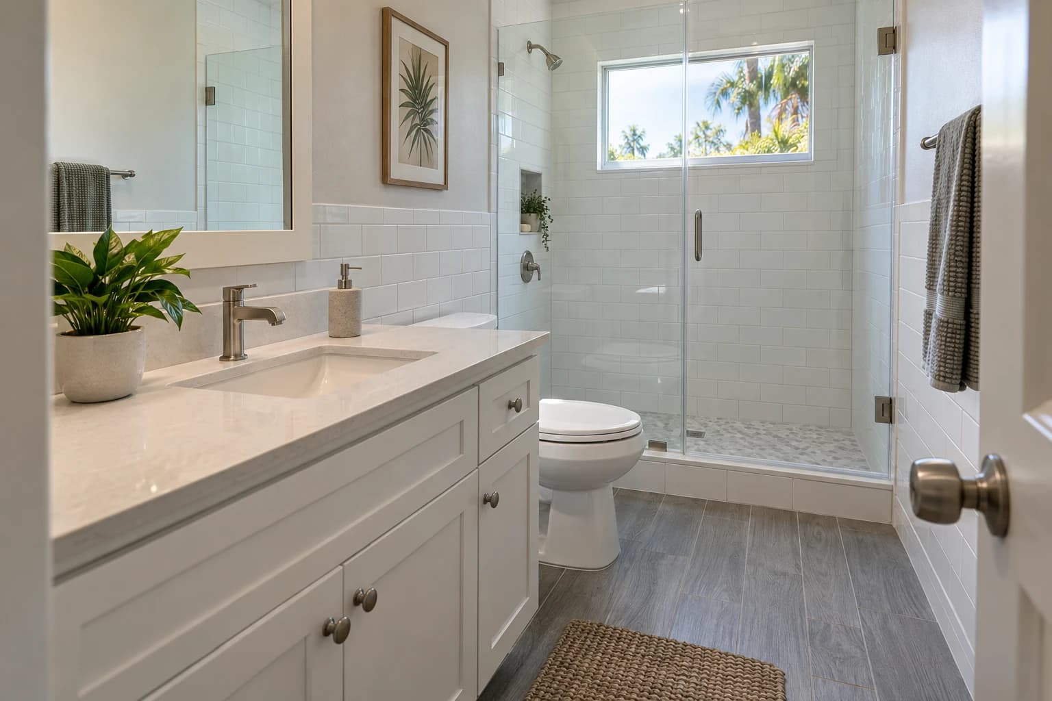 Small hall bathroom with new white subway wall tile, a gray wood-look tile floor, a white vanity with a quartz top, and a glass shower door