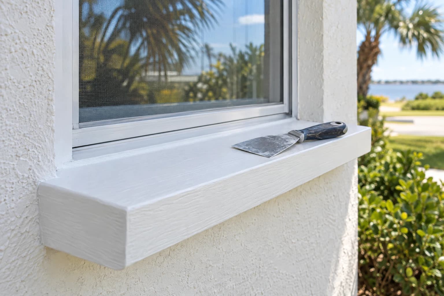 A rebuilt and freshly painted white wood window sill on a pale stucco wall with the stucco patched and painted around it, a putty knife resting on the sill