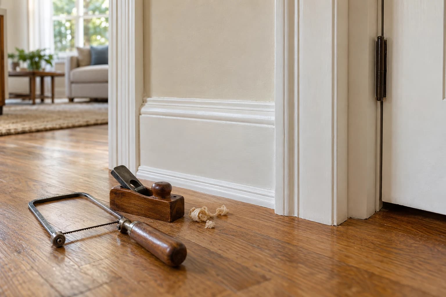 A wide painted wood baseboard and door casing being matched in an older home with oak floors, a coping saw and a block plane resting on the floor