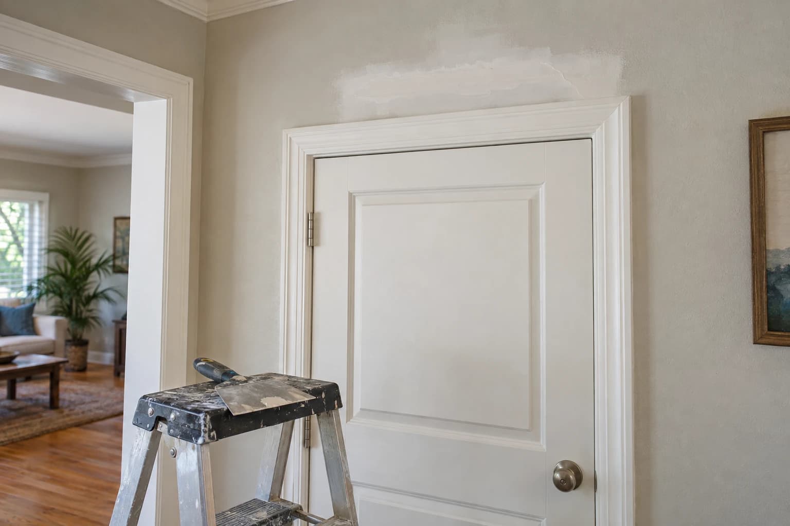 A freshly patched and primed crack running up from the corner of a door frame on a smooth painted wall, a taping knife and a small mud pan resting on a step stool