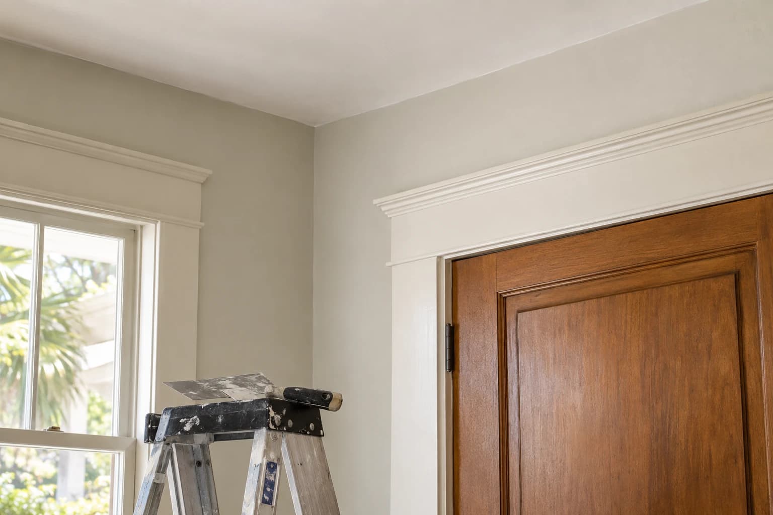 A smooth painted ceiling and wall corner above a wide wood door casing in an older home, freshly patched and painted, with a taping knife resting on a stepladder