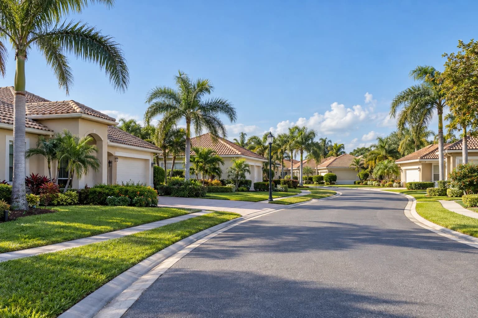 A curving street of one-story stucco homes with barrel tile roofs, royal palms, and green lawns in a newer Sarasota County neighborhood