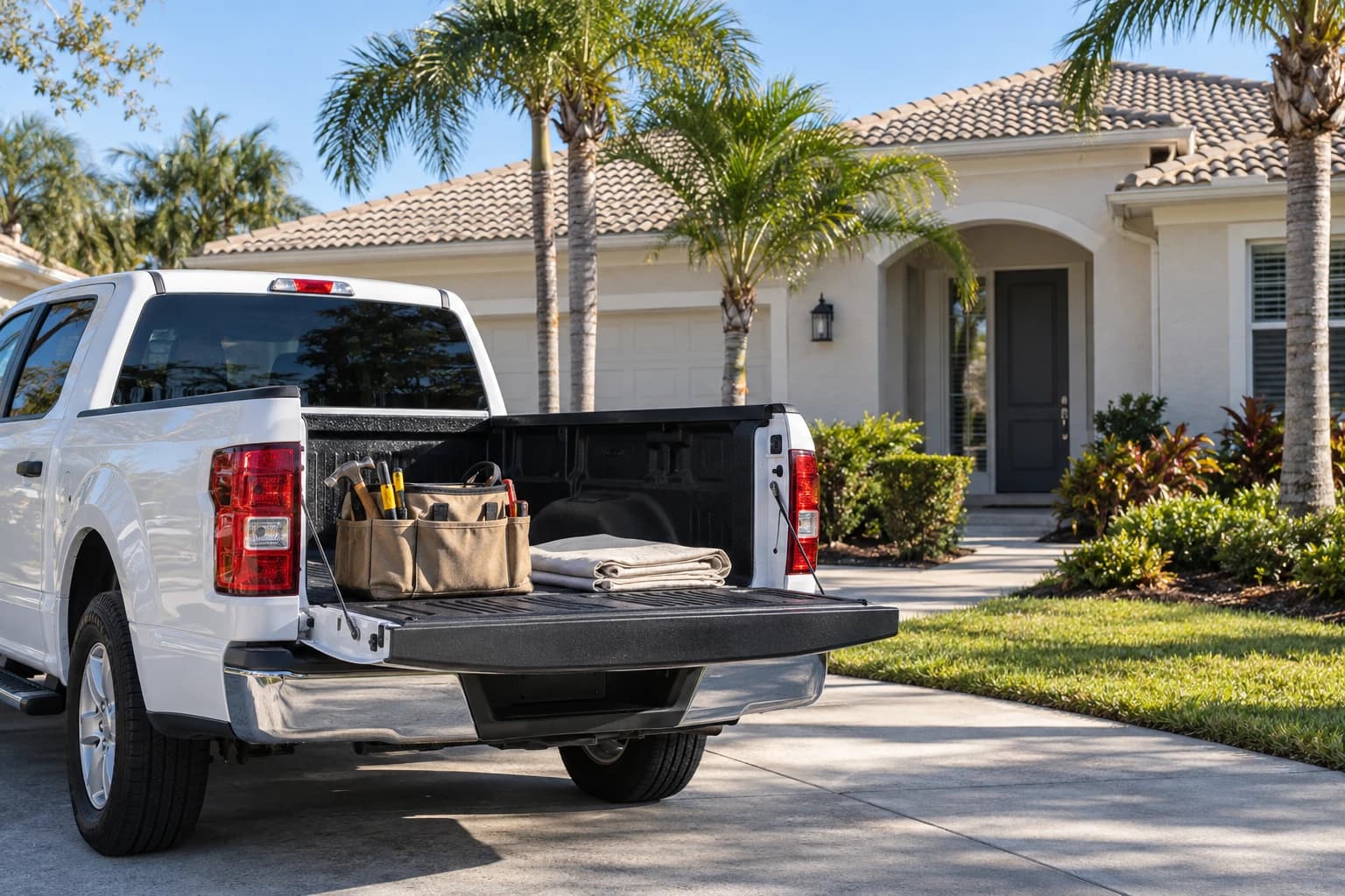 A canvas tool bag and a folded drop cloth resting on the open tailgate of a white pickup, parked in front of a pale stucco home with palms