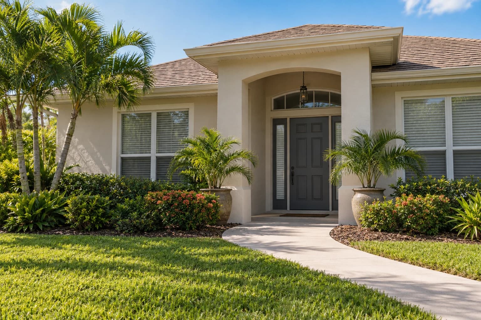The front walk of a closed-up one-story Florida home in summer, with potted palms by the door, blinds drawn, and a tidy lawn