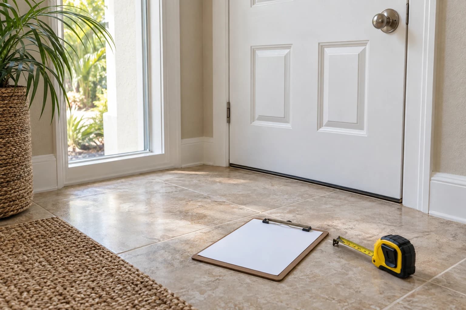 A clipboard with a blank estimate form and a tape measure resting on a tile entry floor beside a white interior door