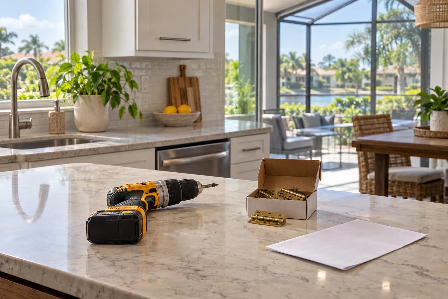 A cordless drill, a small box of brass hinges, and a folded list on a kitchen counter in a bright Florida home, with a screened lanai beyond the window