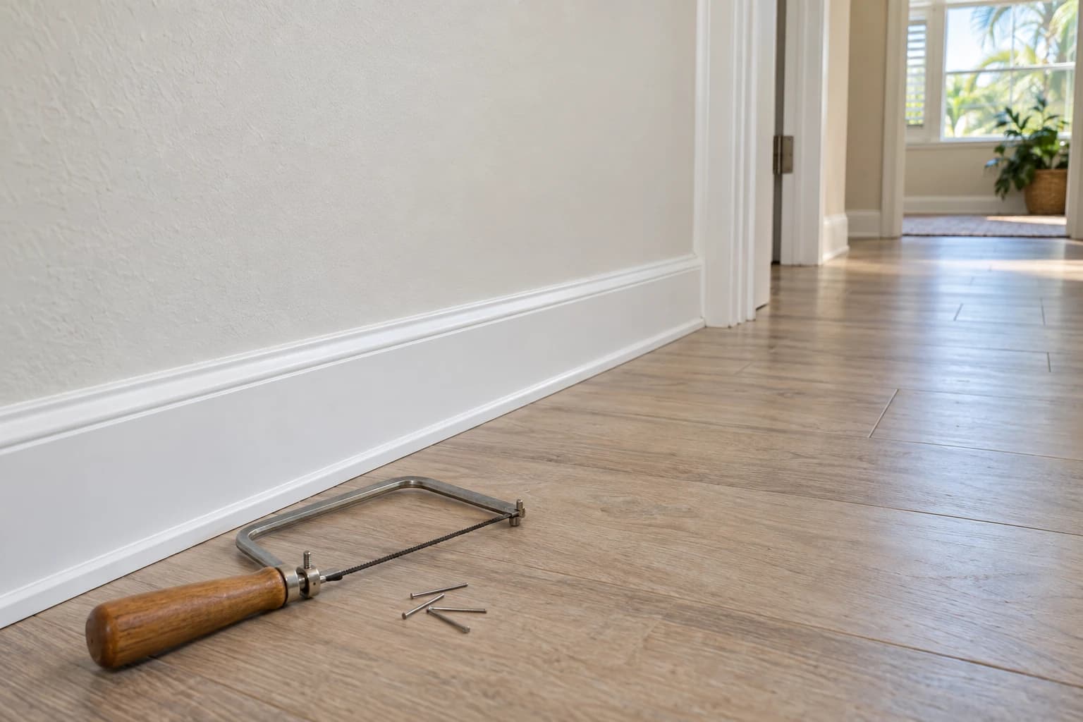 New white baseboard and shoe molding meeting a light wood-look plank floor along a hallway wall, a coping saw and a few nails resting on the floor