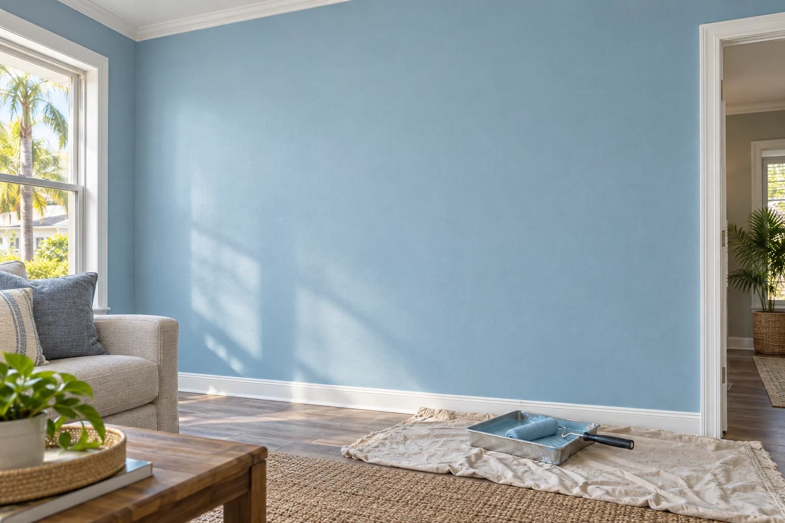 Bright living room wall freshly painted a soft blue with crisp white trim, a roller resting on a paint tray on a canvas drop cloth
