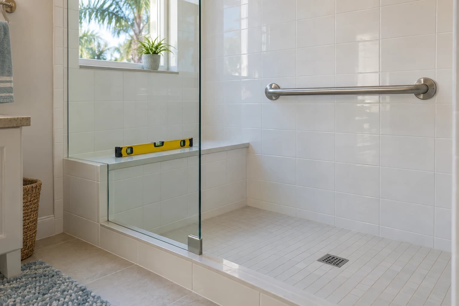 Brushed stainless grab bar mounted on white tile beside a walk-in shower with a low curb, a level resting on the shower bench