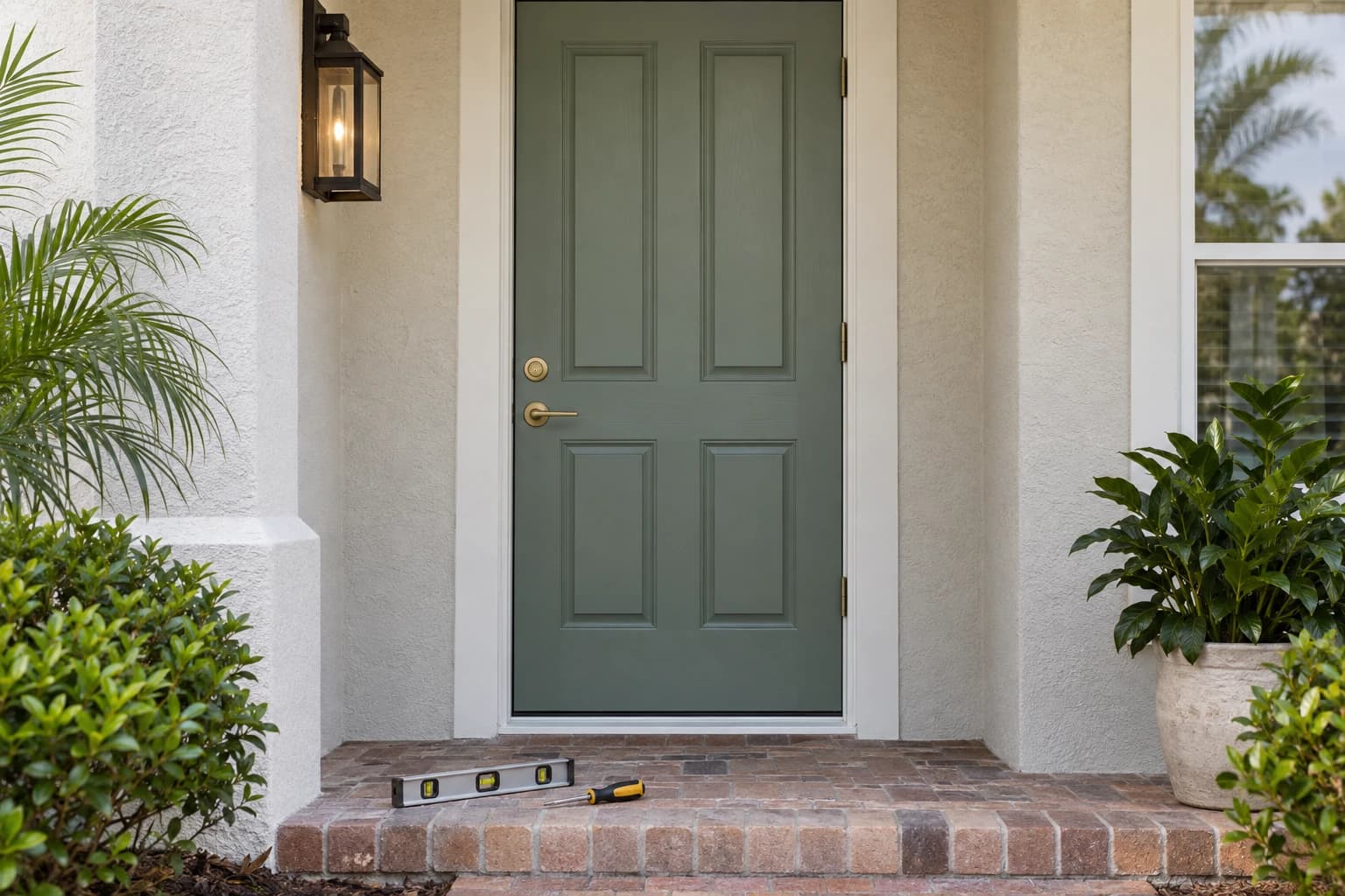 A newly hung painted wood front door with brass hardware on a coquina-colored stucco entry, a level and a screwdriver resting on the brick step