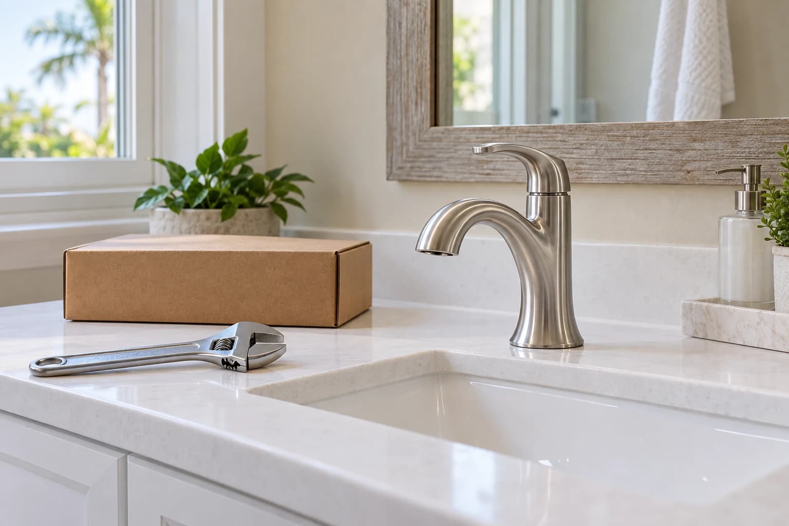 A new brushed nickel faucet on a white vanity top in a bright bathroom, with an adjustable wrench and the faucet box resting on the counter