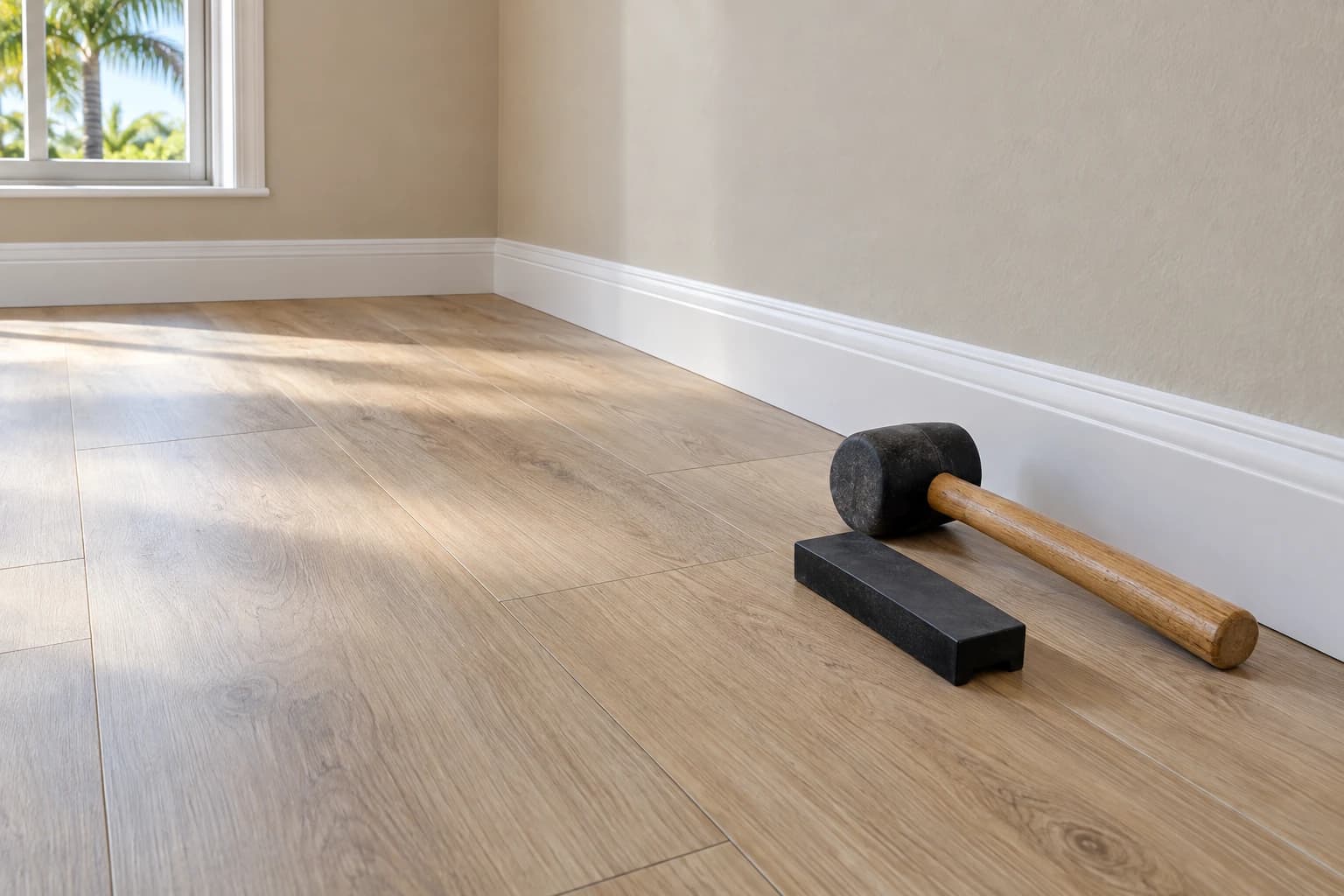 Light oak click-lock vinyl plank flooring in an empty room with new white baseboard, a rubber mallet and a tapping block resting on the floor
