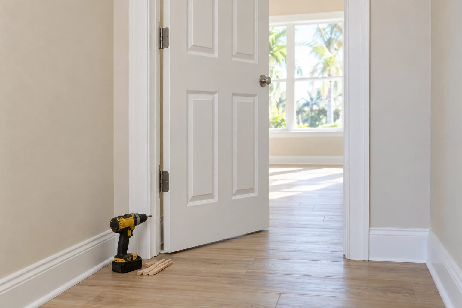 Hinge side of a white six-panel interior door in a new home, with a drill and a few wood shims resting on the hallway floor