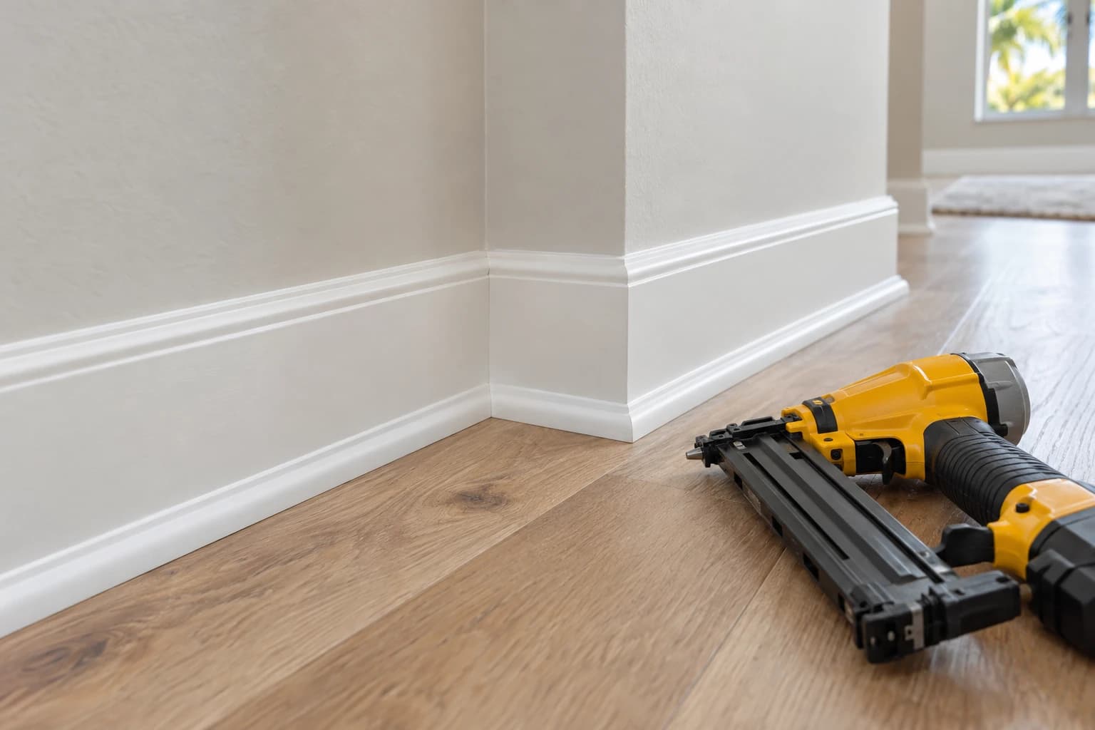 Close view of a coped inside corner of new white baseboard and shoe molding on a light oak plank floor, a finish nailer resting nearby