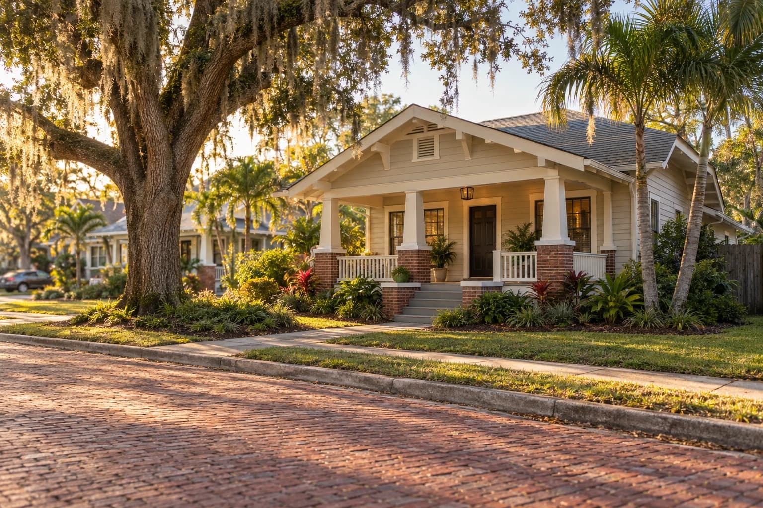 A 1920s Craftsman bungalow on a brick street in St. Petersburg with a deep front porch, tapered porch columns, and a live oak and palms in the yard