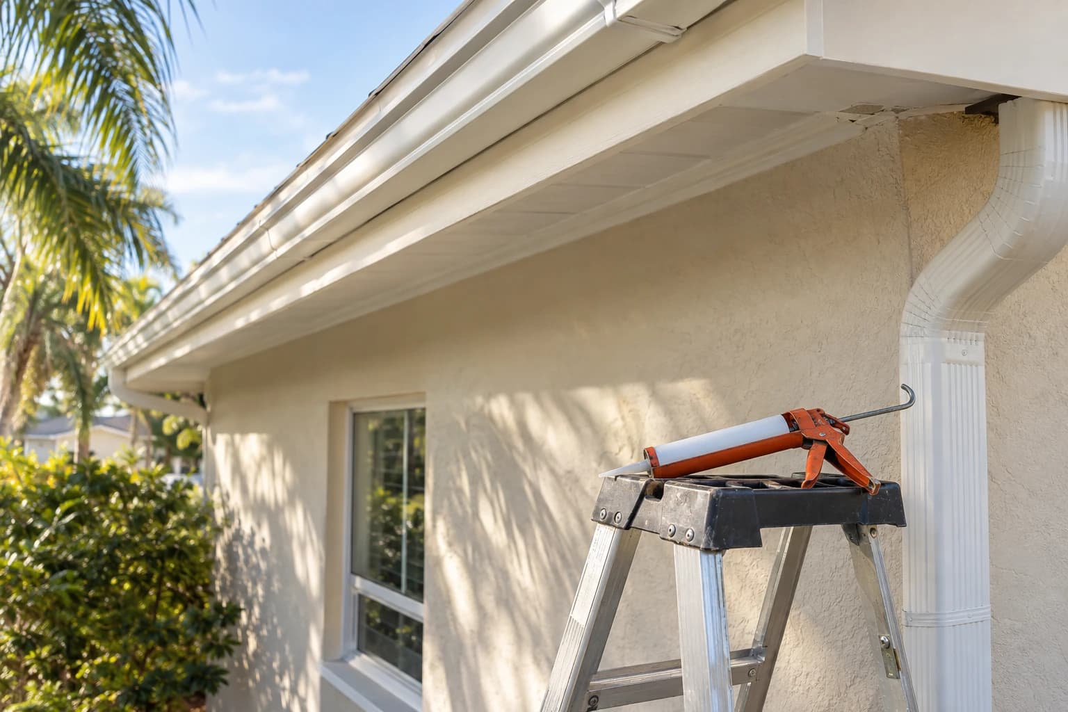 Close view of a white aluminum gutter on a new painted fascia board under the eave of an older stucco house, with a caulk gun resting on a ladder shelf
