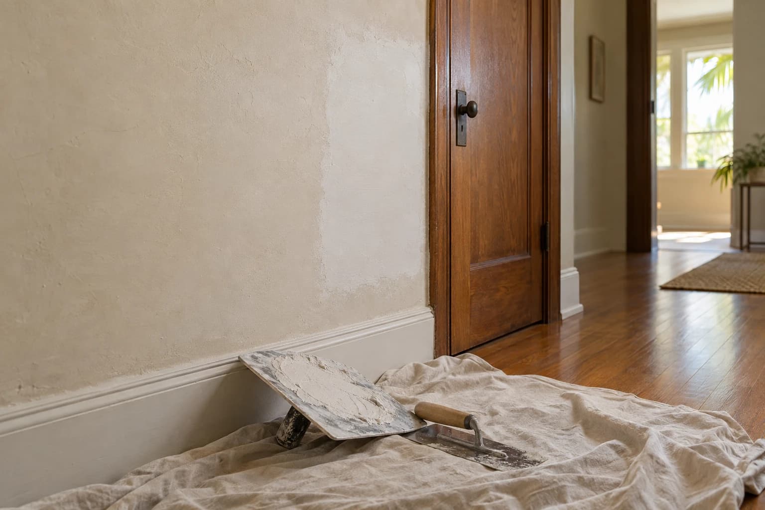 Old smooth plaster wall in a bungalow hallway with a freshly skimmed repair beside a wood door casing, a hawk and trowel resting on a drop cloth on the oak floor