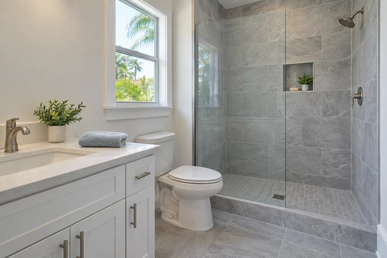 Small remodeled bathroom with a white vanity, a walk-in shower with gray tile and a clear glass panel, and a folded towel on the counter