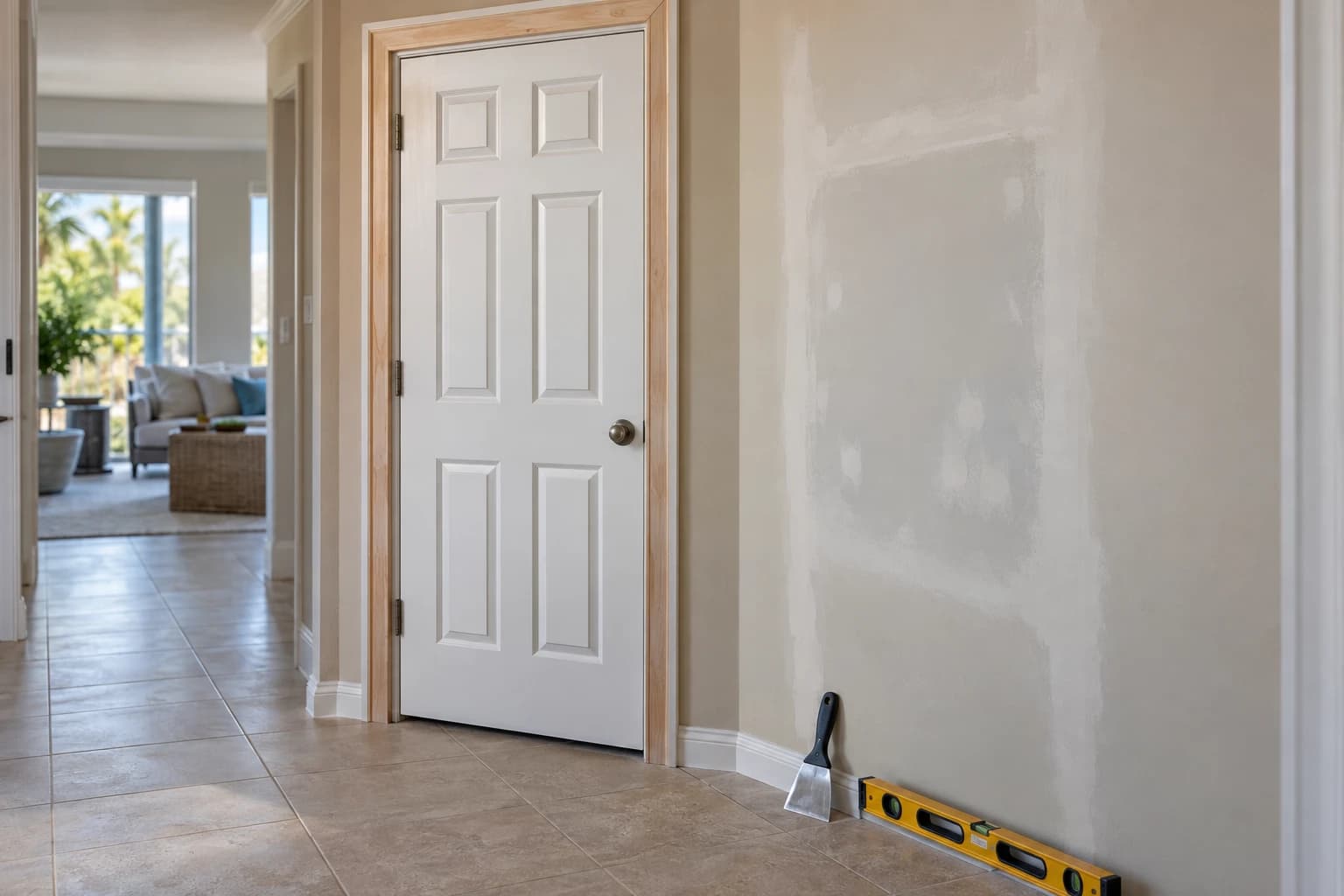 Interior hallway with a white six-panel door, fresh casing, and a smooth patched wall, with a putty knife and a level resting on the tile floor