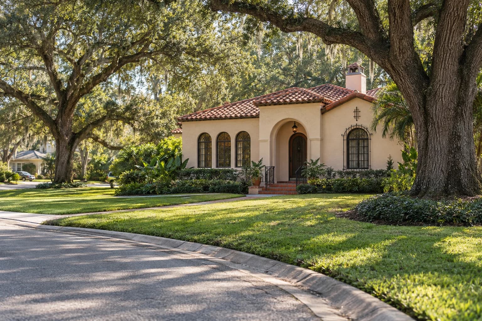 Mediterranean Revival style stucco home with a red barrel tile roof and arched entry under tall live oaks on a rolling Temple Terrace street