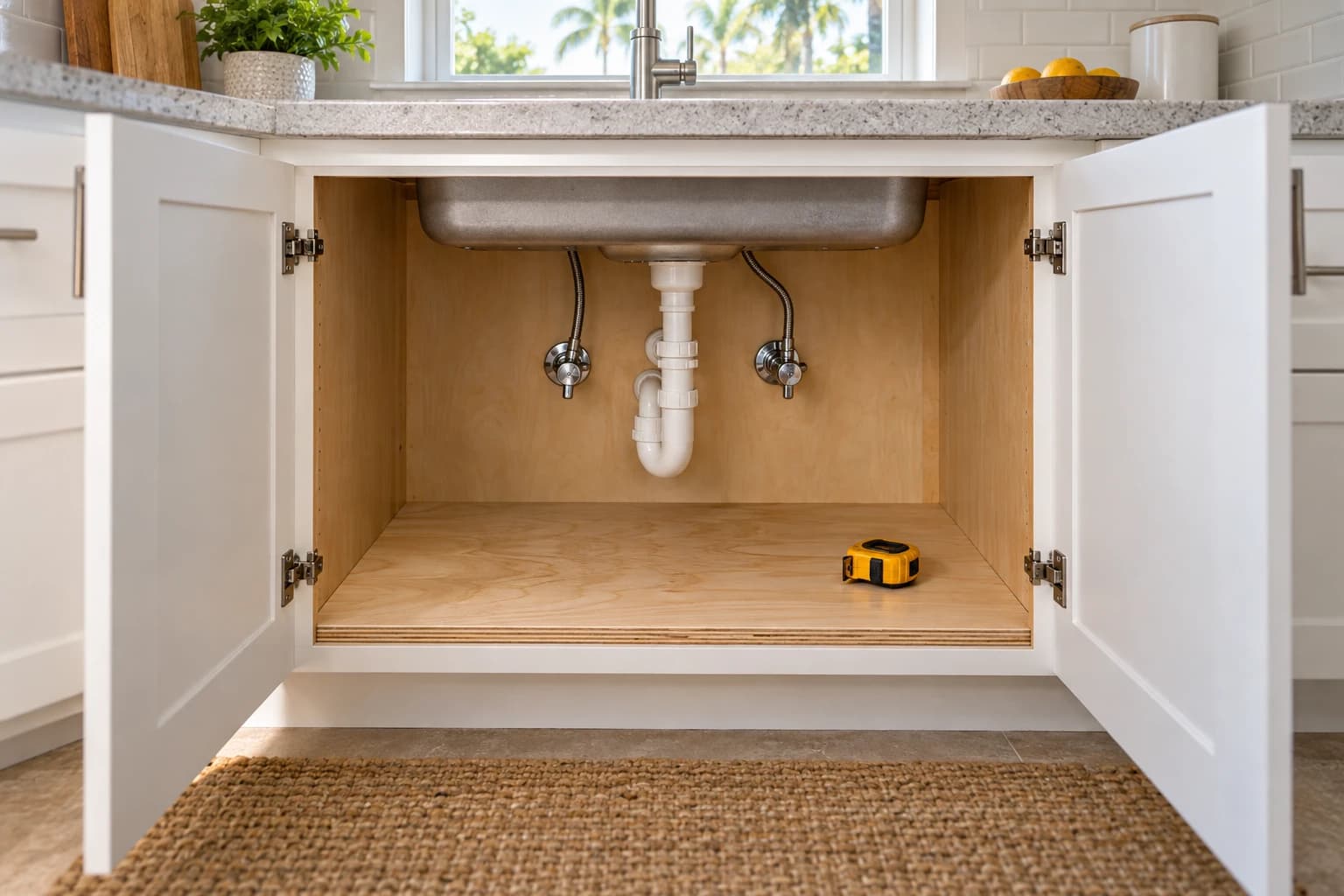 Open kitchen sink base cabinet with a new plywood floor panel, dry shutoff valves, and a tape measure resting on the new wood