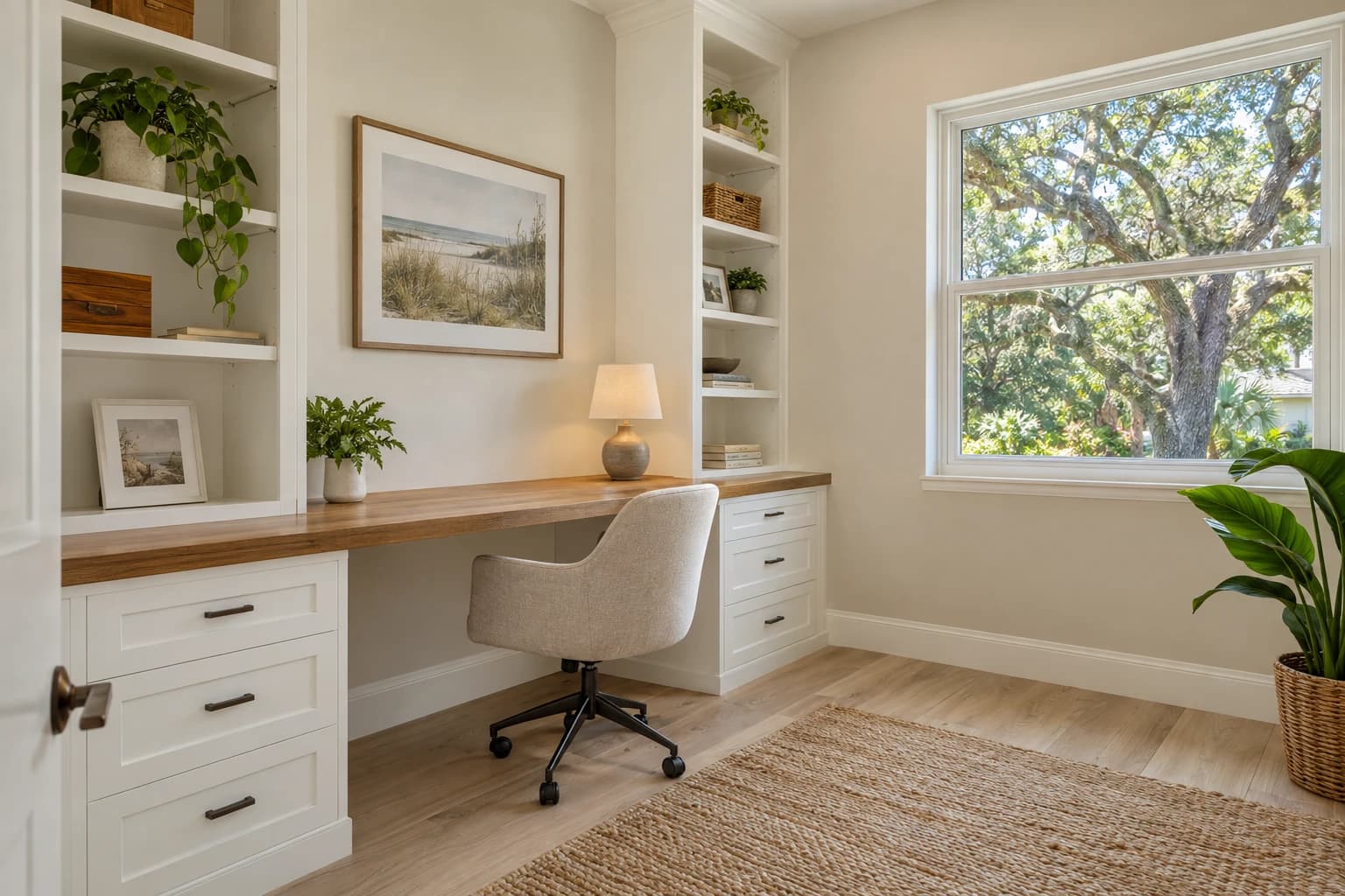 Spare bedroom turned home office with built-in white shelves, a wood desk top, light plank flooring, and a window looking out on live oaks