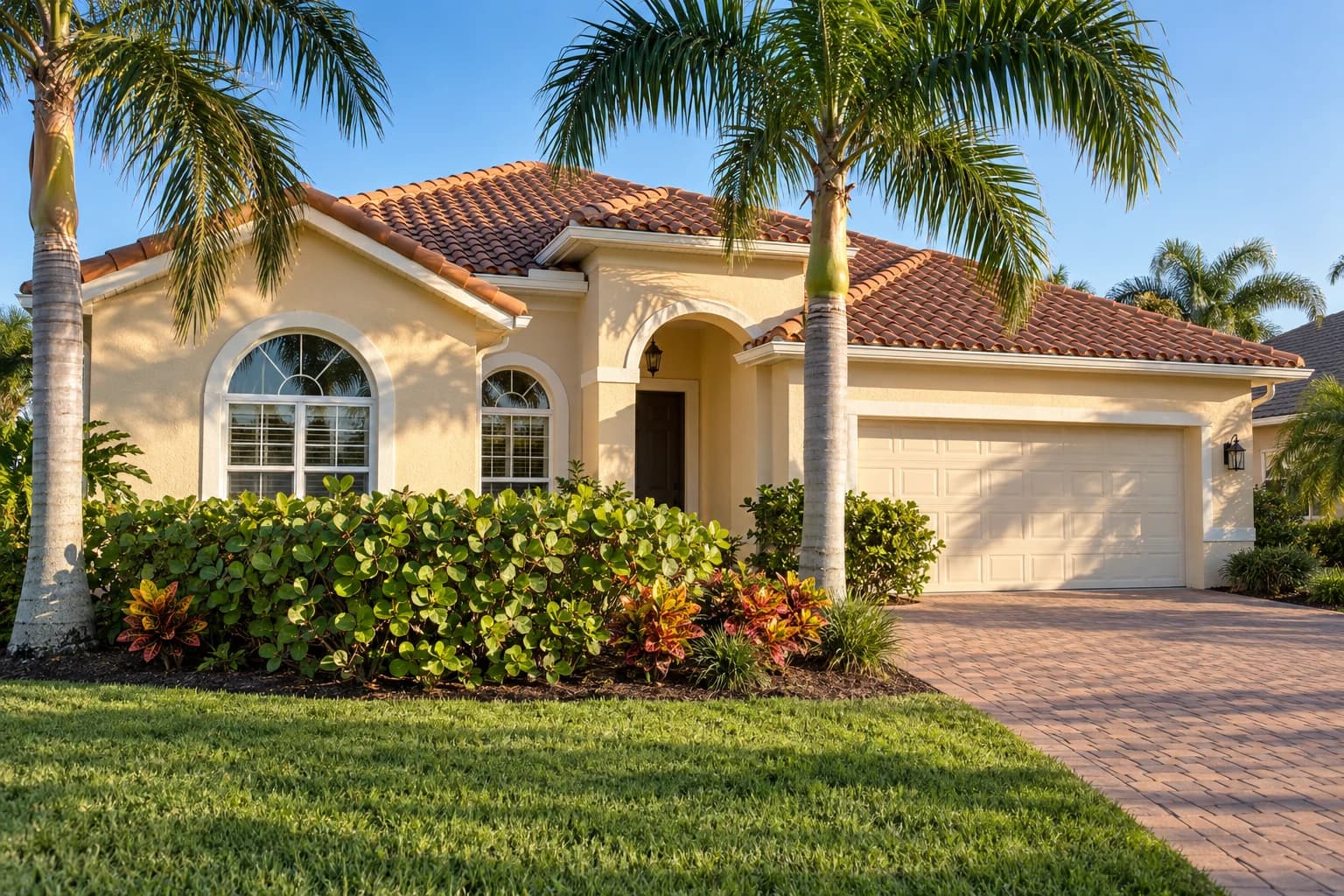 One-story stucco home with a barrel tile roof on a quiet Venice street, with queen palms, a trimmed hedge, and bright afternoon sun