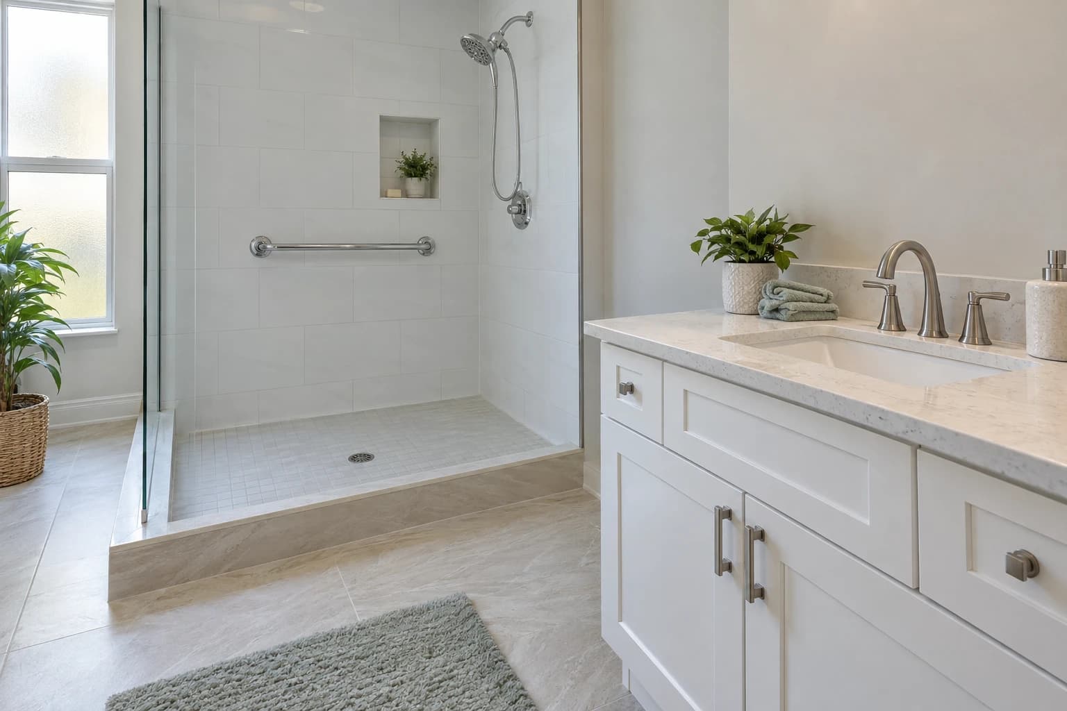 A bright bathroom with a low-curb walk-in shower in white tile, a chrome grab bar, a white vanity with a quartz top, and soft window light