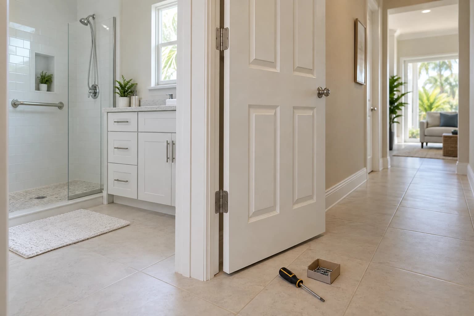 A white interior door on new hinges in a bright Florida hallway, with a screwdriver and a small box of hinge screws resting on the tile floor