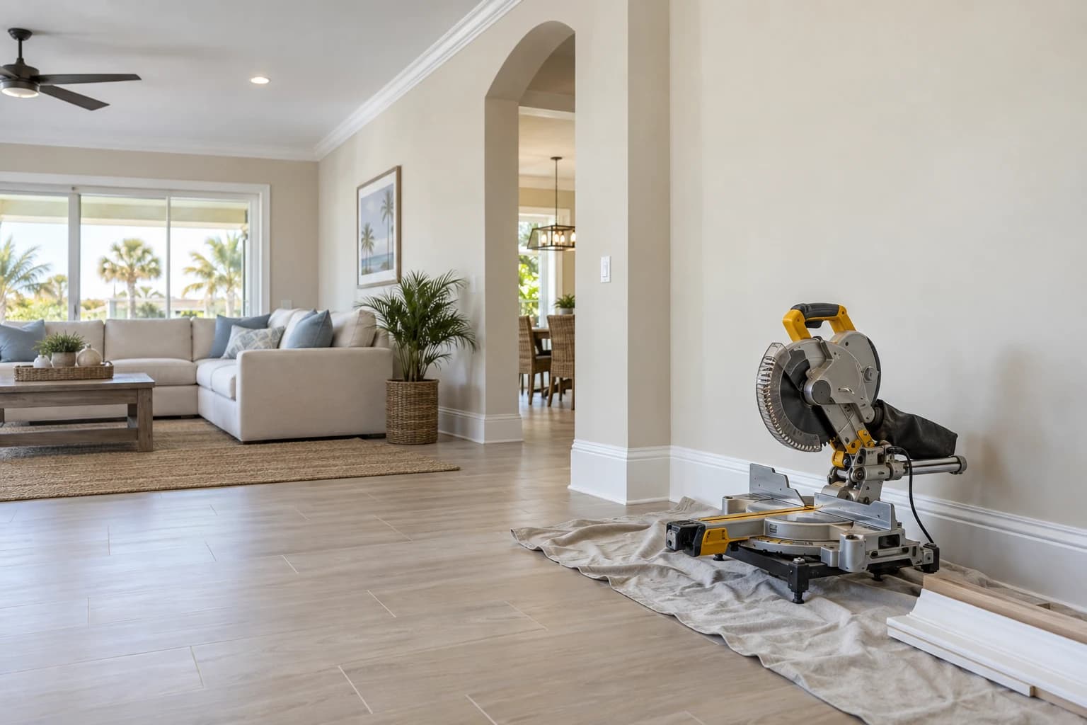 A bright great room in a newer Florida home with new white crown molding, a tall painted baseboard, and a miter saw resting on a drop cloth by the wall