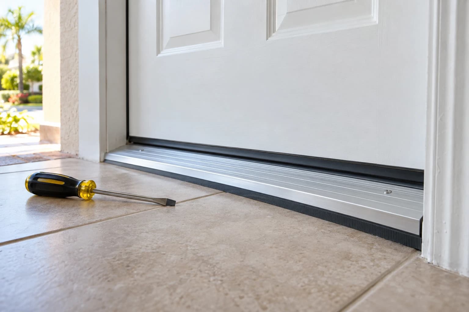Close view of a new aluminum threshold and door sweep under a white front door on a tile entry floor, with a screwdriver resting on the tile
