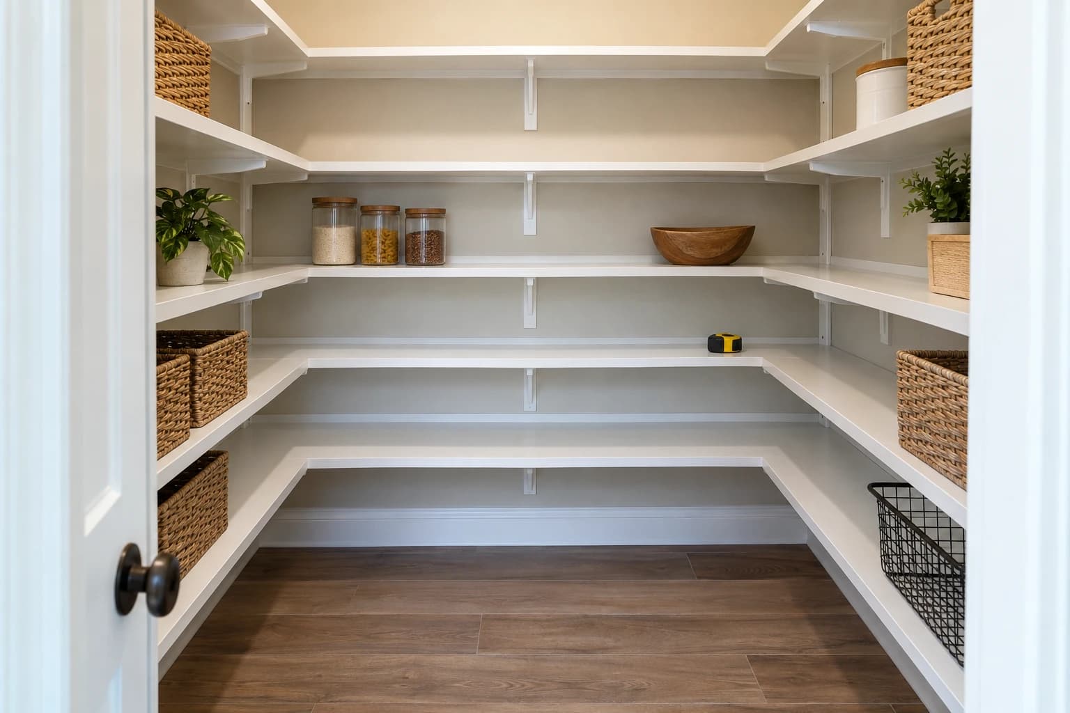 Walk-in kitchen pantry with new white painted wood shelves on three walls and deeper bottom shelves, a tape measure resting on the middle shelf