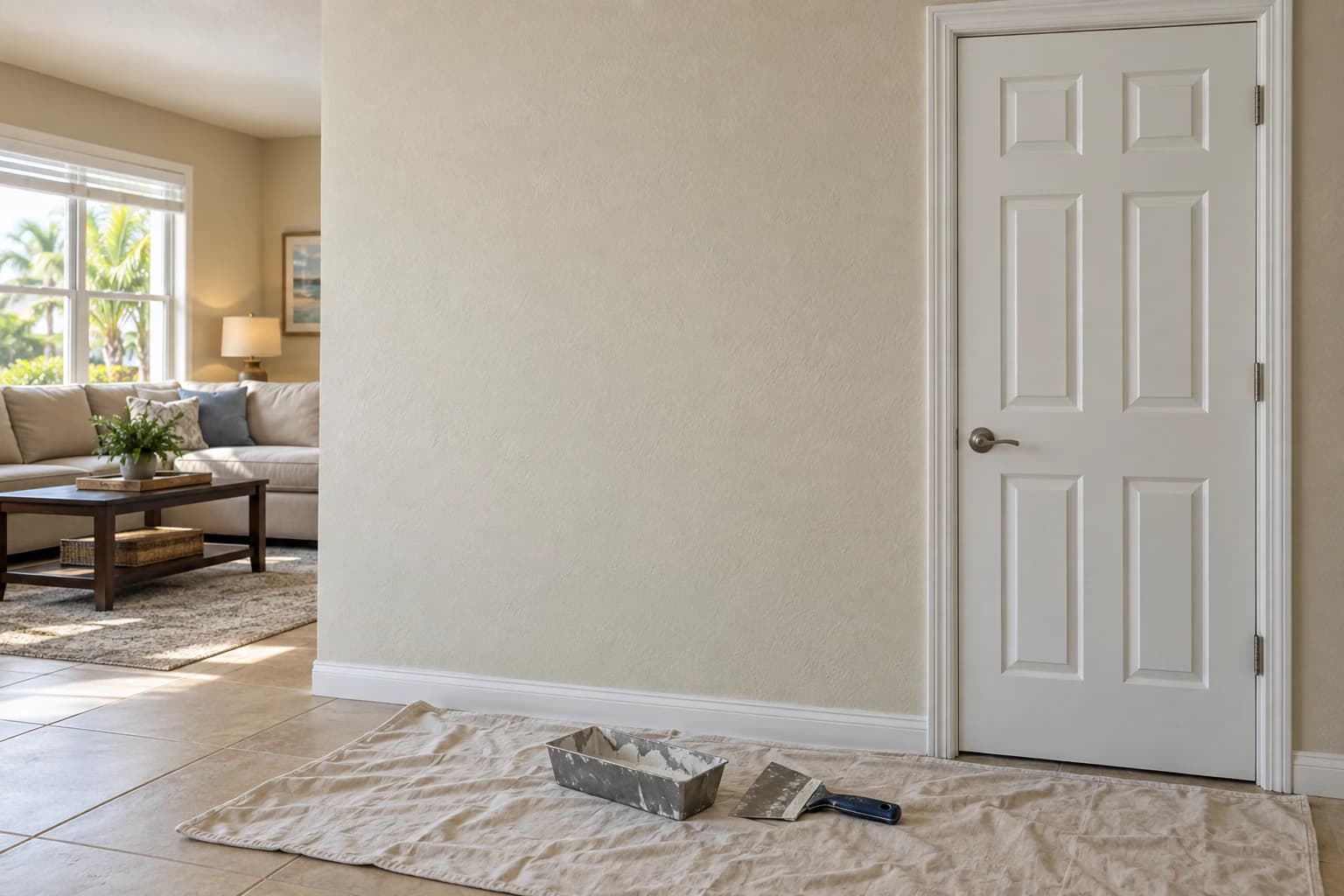 A freshly patched and painted knockdown-textured wall beside a doorway in a bright living room, a taping knife and a mud pan resting on a drop cloth