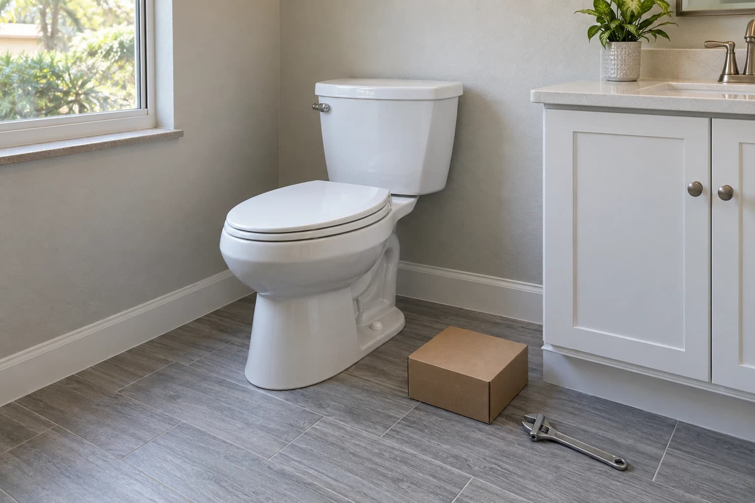 New white elongated toilet set on gray plank tile beside a white vanity, with a wax ring box and an adjustable wrench resting on the floor