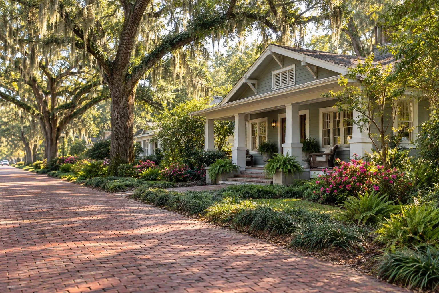 A 1930s cottage with a wide front porch on a narrow brick street in Winter Park, under live oaks hung with Spanish moss