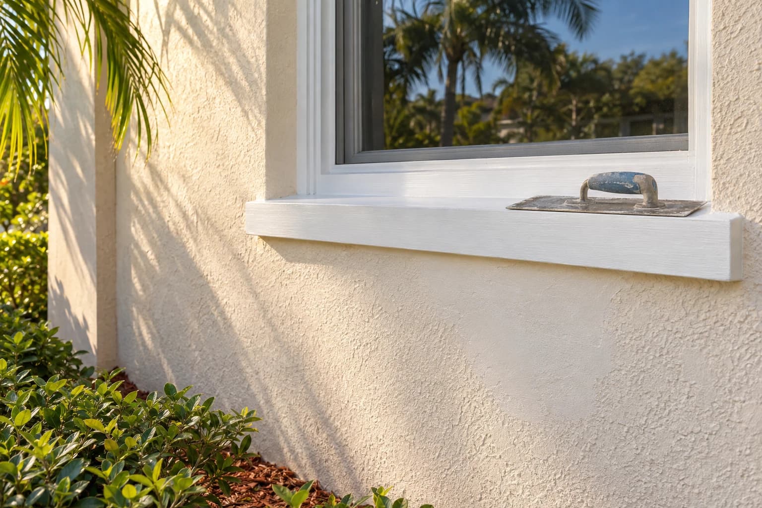 Freshly patched and painted stucco wall below a window with a new wood sill, and a trowel resting on the sill