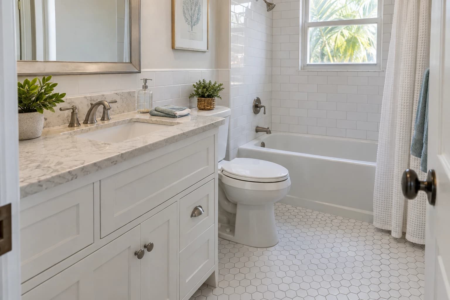 Small hall bathroom with new white wall tile, a white vanity with a stone top, a new toilet, and a hexagon tile floor