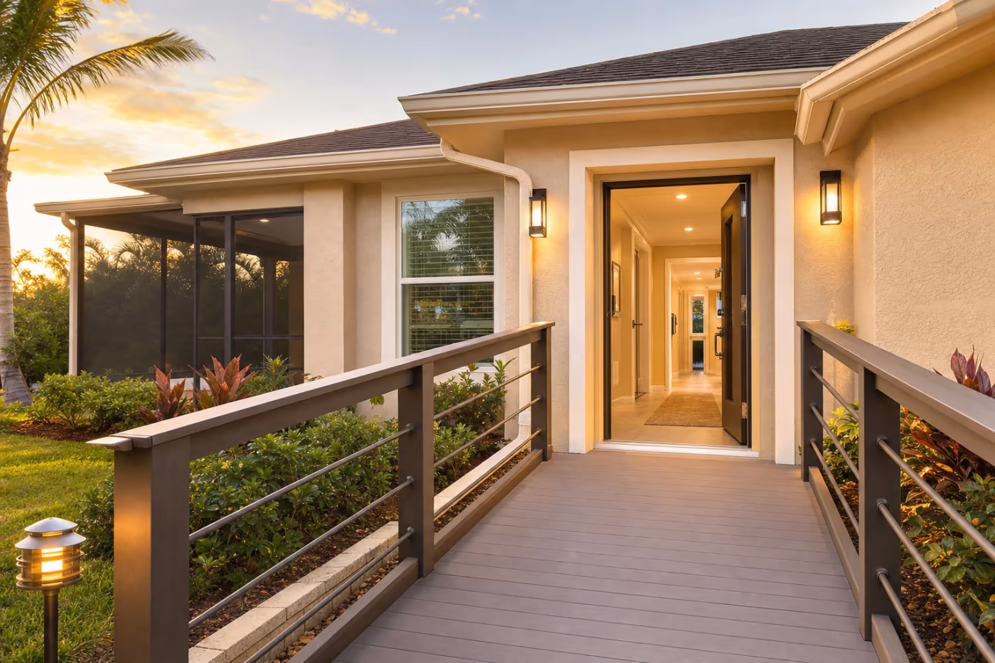 Wide view of a Florida home entry with a gentle accessibility ramp, smoothed threshold, and bright pathway lighting for aging-in-place safety
