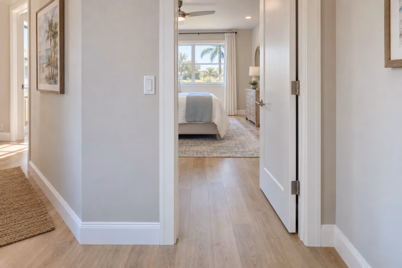 A wide bedroom doorway seen from the hallway, with the door open, a lever door handle, fresh white trim, a rocker light switch beside it, and plank flooring running flat through the doorway with no raised threshold