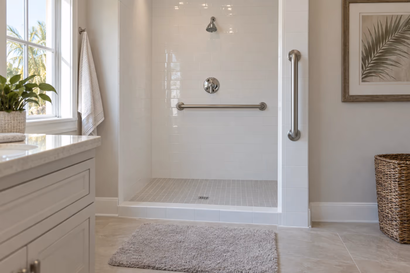 The entry of a white tiled walk-in shower with a vertical stainless grab bar on the wall at the entry, a horizontal grab bar on the back wall, a very low curb, and a bath mat outside