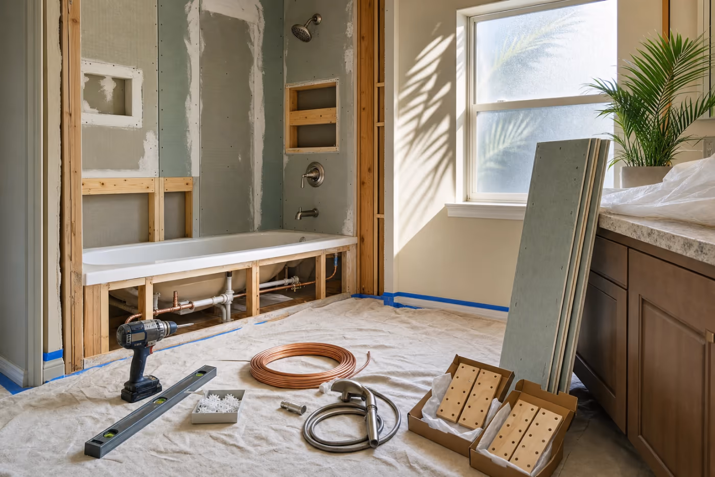 In-progress aging-in-place bathroom remodel in a Florida home, with a walk-in shower conversion underway, grab-bar blocking exposed, and professional tools staged beside protected floors