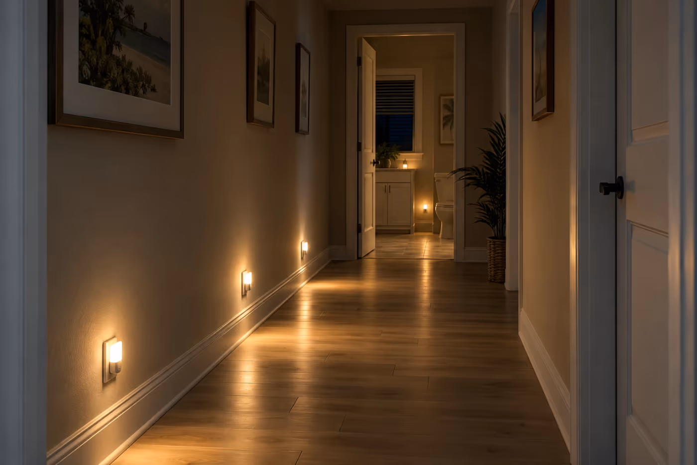 A Florida home hallway at night with small plug-in night lights glowing low on the wall, lighting the floor all the way to an open bathroom door