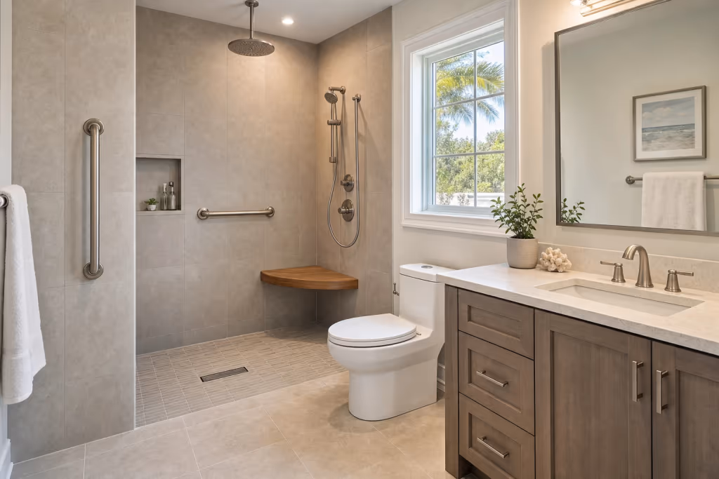 Finished Florida master bathroom with a curbless walk-in shower, anchored grab bars, comfort-height toilet, and lever hardware designed for senior home safety