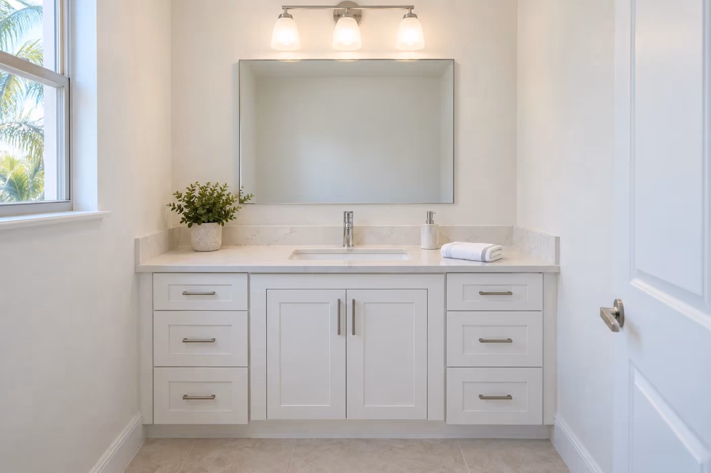 A new white shaker style bathroom vanity with a light quartz top, one undermount sink, and a chrome faucet, a rectangular mirror above it, and a three light fixture on the wall over the mirror