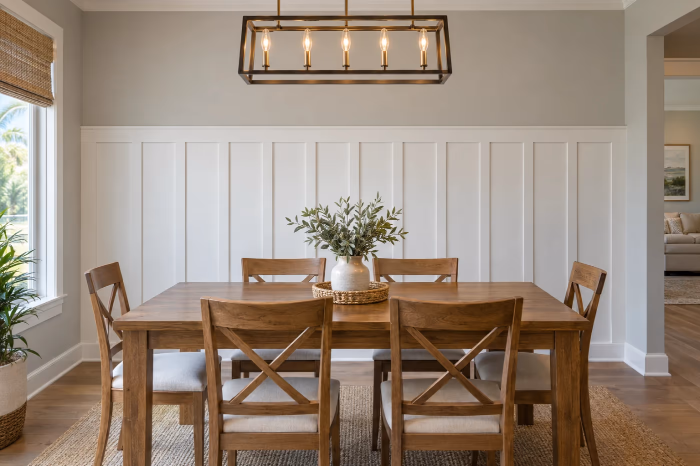 A board and batten accent wall painted soft white below a light gray upper wall in a Florida dining room, with a wood table and chairs in front