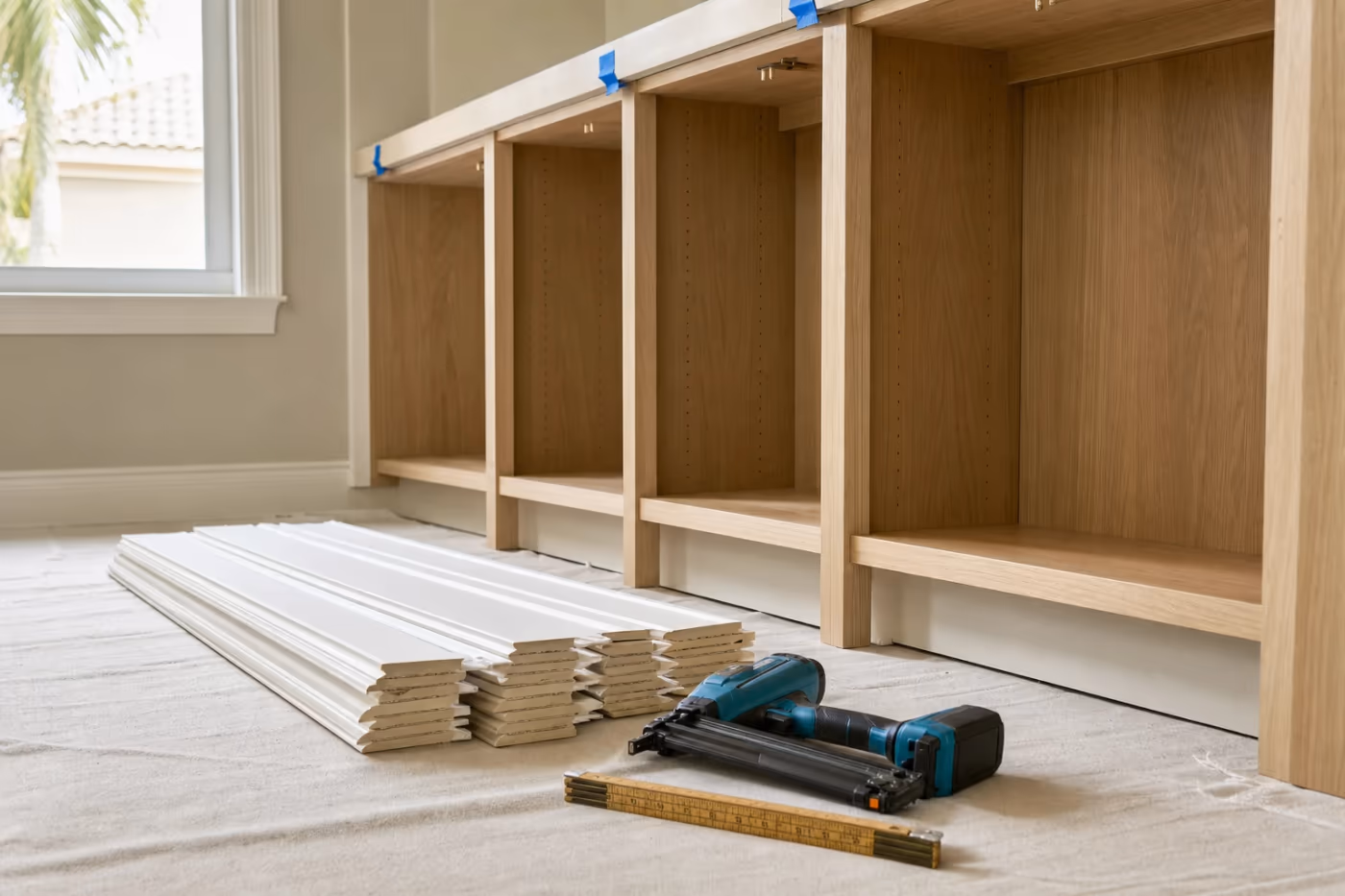 Half-installed built-in cabinetry in a Florida home with cabinet boxes mounted, primed trim boards stacked on a drop cloth, and a brad nailer and folding rule staged nearby
