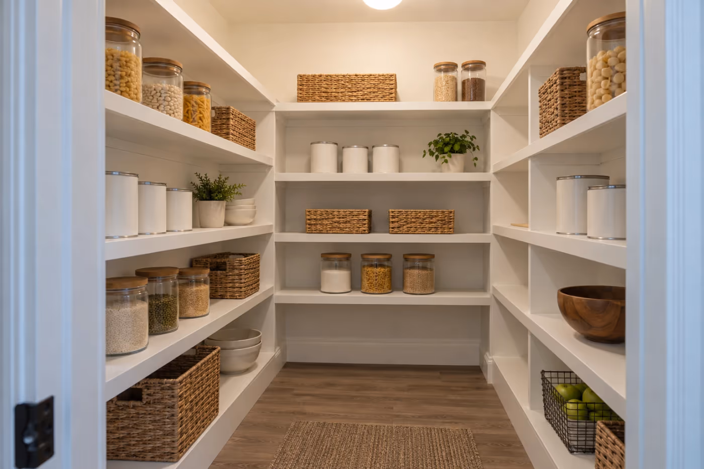 A walk-in pantry with white painted wood shelves along three walls, holding glass jars, canisters, and woven baskets