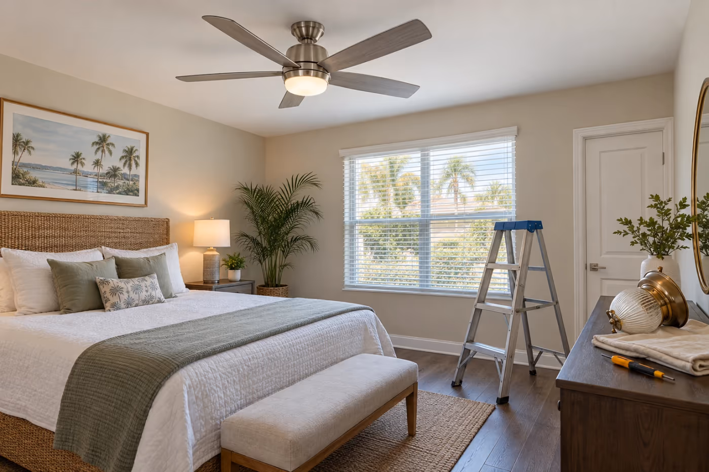 A new brushed nickel ceiling fan with a small light kit mounted at the center of a white bedroom ceiling, an open stepladder by the window and the old brass light fixture resting on the dresser