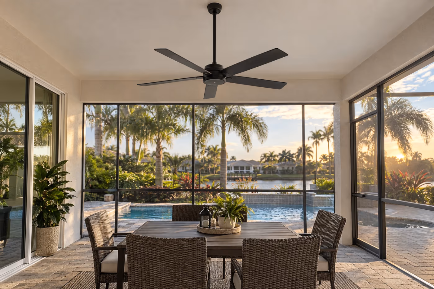 A black damp-rated ceiling fan hanging from a downrod at the center of a covered Florida lanai ceiling, above an outdoor table, with screen walls looking out to a pool deck and palms